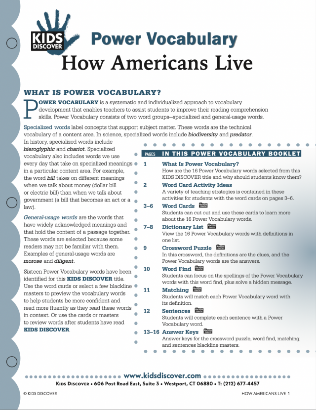 This free Vocabulary Packet for Kids Discover How Americans Live is a systematic and individualized approach to vocabulary development and enables teachers to assist students in improving their reading comprehension skills.
